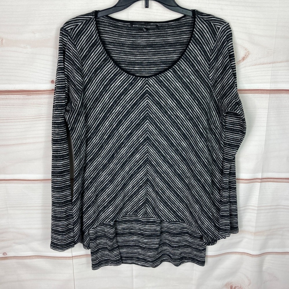 White House Black Market Top Womens M Black Stripe Double Knit Layered Blouse